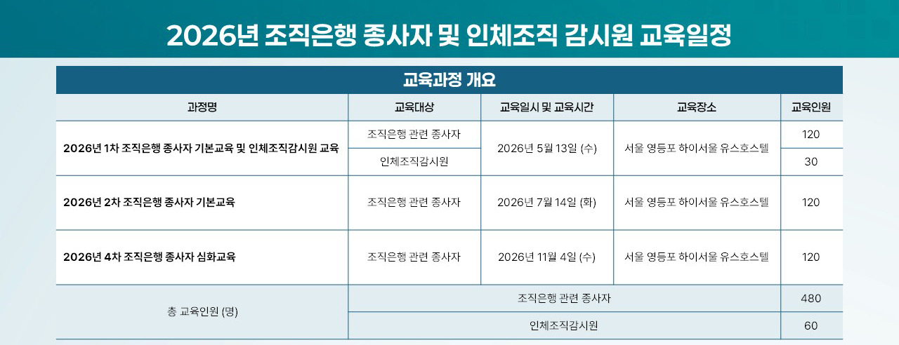 2026년 조직은행 종사자 및 인체조직 감시원 교육일정